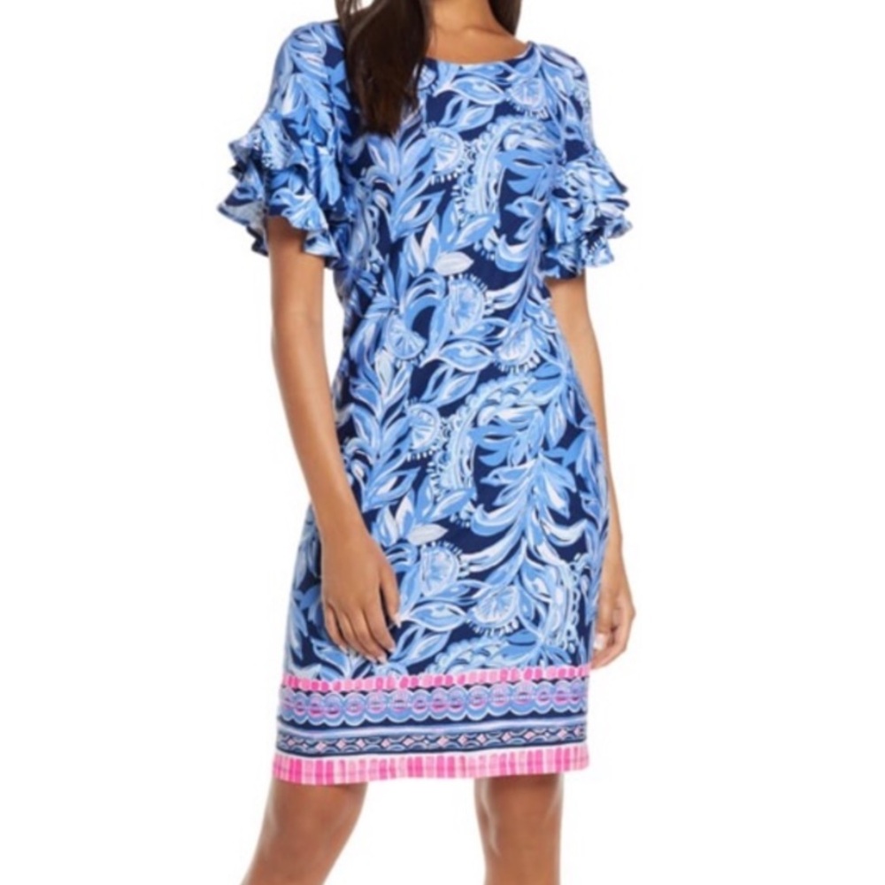 Lilly Pulitzer Dianna Boho Blue Ruffle Sleeve Mini Dress Large You Are The Zest